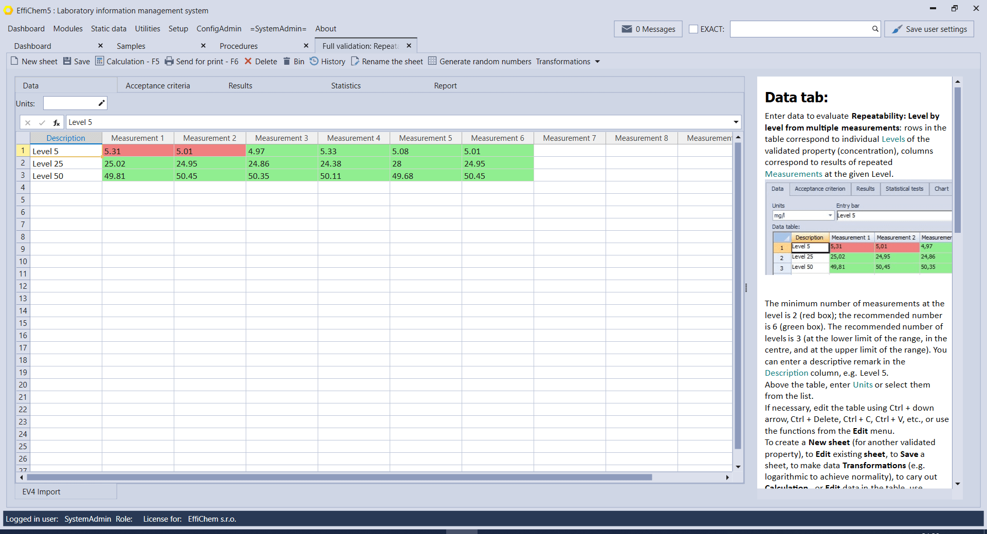 Statistical Data Evaluation – EffiChem software – Confidence in quality